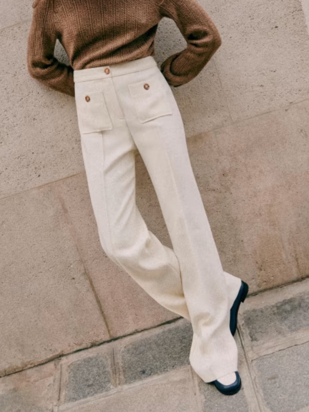 Sezane Dan Patch Pockets Wide Leg Trousers Pants in Ecru Size 38 6 Wool Office